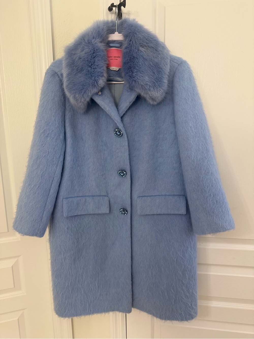 Kate Spade NY 298614  Wild Ones Faux Fur Trim Coat Blue Size 6